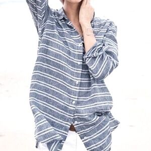 Garnet Hill tunic blouse button up long sleeve 100% linen striped coastal beach